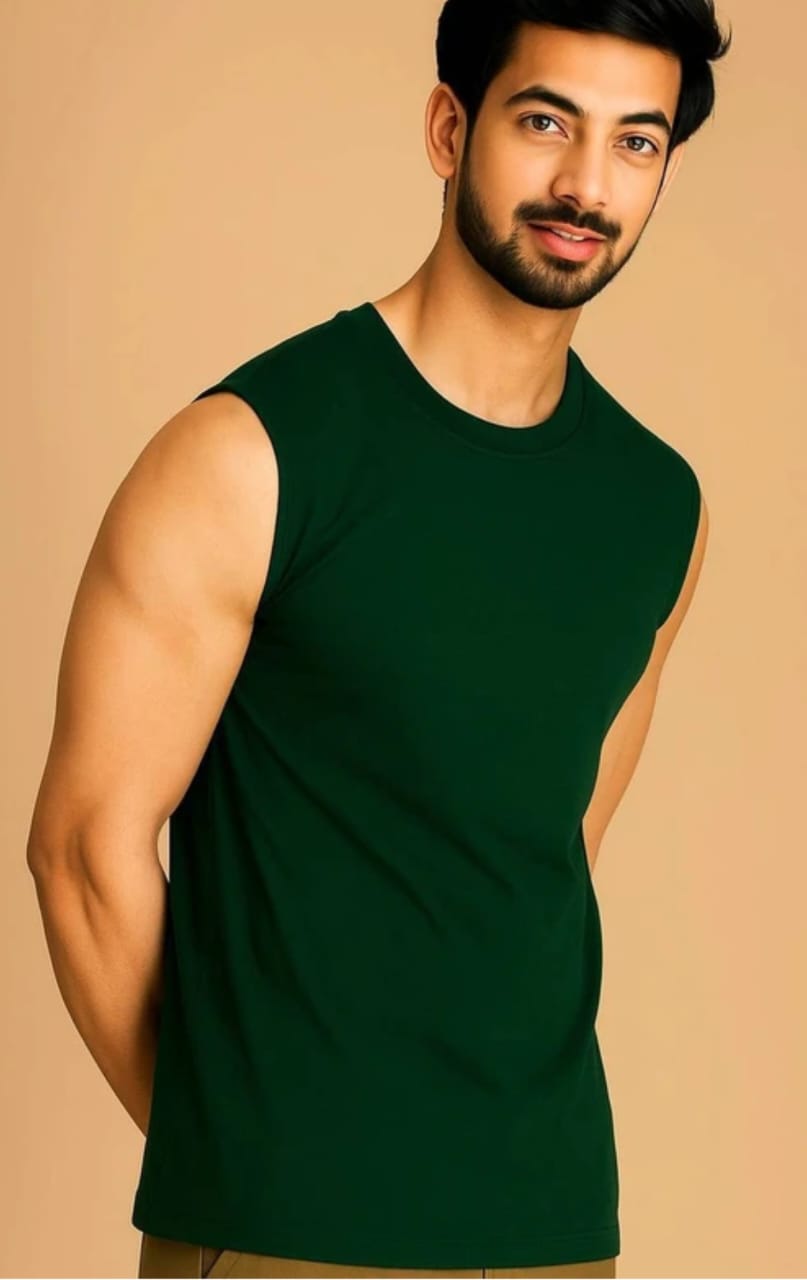 Men's Dark Green Sleeveless Gym Vest | Breathable Regular Fit Workout Tank Top | Sports & Casual Activewear