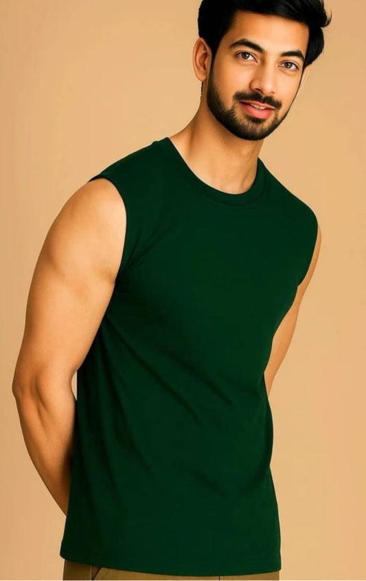 Men's Dark Green Sleeveless Gym Vest | Breathable Regular Fit Workout Tank Top | Sports & Casual Activewear