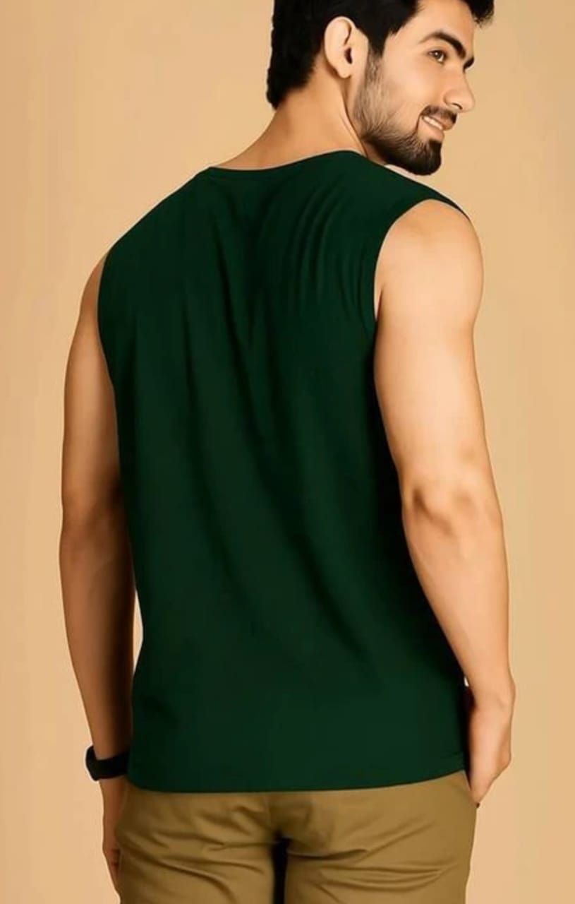 Men's Dark Green Sleeveless Gym Vest | Breathable Regular Fit Workout Tank Top | Sports & Casual Activewear