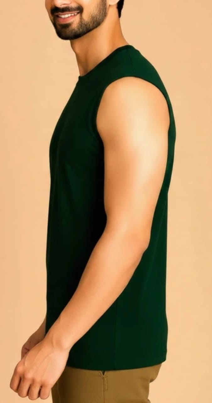 Men's Dark Green Sleeveless Gym Vest | Breathable Regular Fit Workout Tank Top | Sports & Casual Activewear