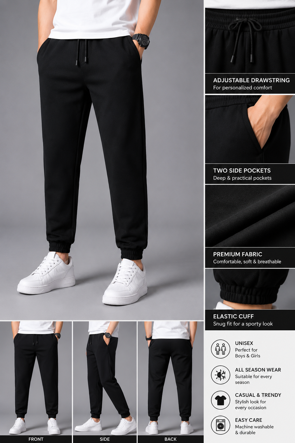 Modern Black Jogger Pants for Teens | Soft, Stylish & Comfortable