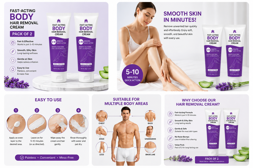 Fast-Acting Body Hair Removal Cream for Men & Women – Smooth & Painless Hair Removal in Minutes (Pack of 2)